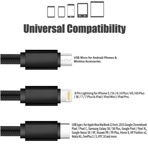 USB töltőkábel 3 az 1 ben ( Type- C, micro USB, IOS gyorstöltő szinkronizáló 1,2 m High speed