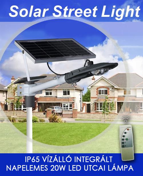 Vízálló integrált napelemes 20W utcai led lámpa IP65  távirányítóva - Cclamp CL-320 -