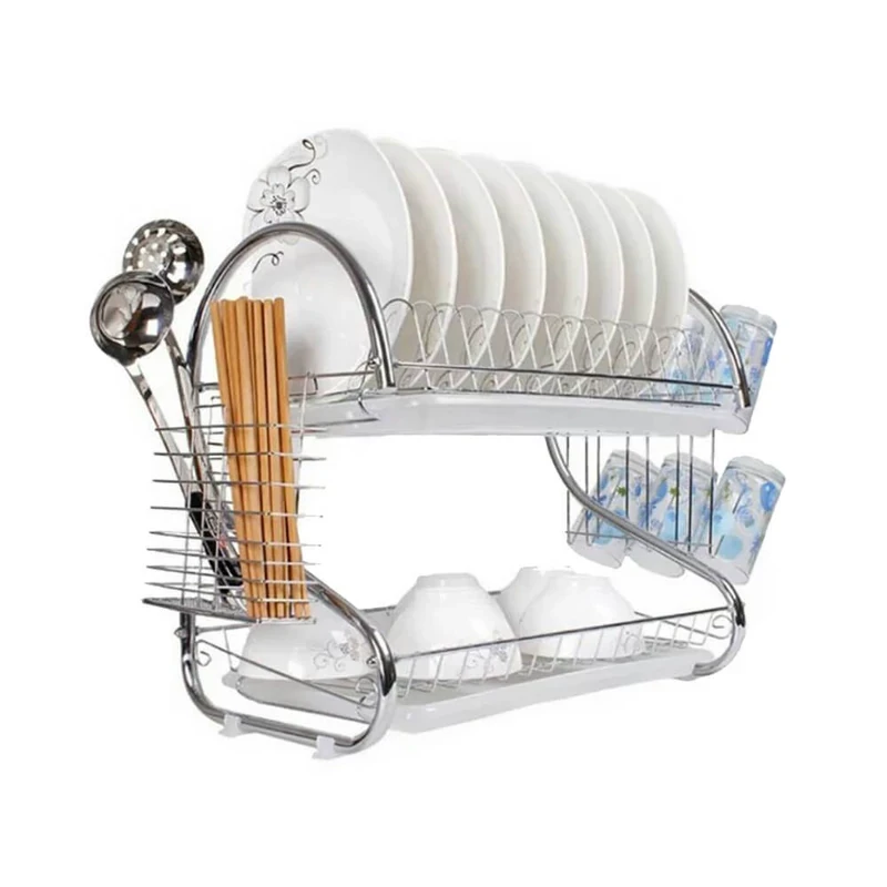 Fém edényszárító műanyag csepegtető tálcával – 2 szintes, ezüst