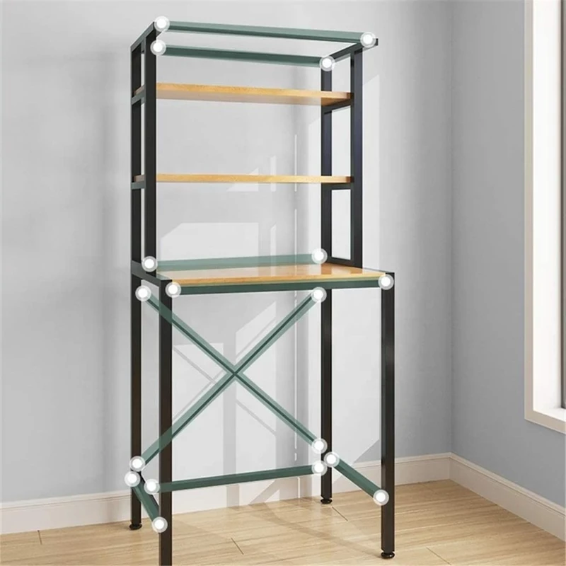 3 szintes masszív fém fürdőszobai polcrendszer mosógép fölé fa polcokkal, fekete – 175 cm