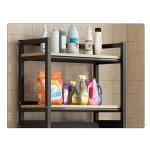 3 szintes masszív fém fürdőszobai polcrendszer mosógép fölé fa polcokkal, fekete – 175 cm