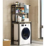 3 szintes masszív fém fürdőszobai polcrendszer mosógép fölé fa polcokkal, fekete – 175 cm