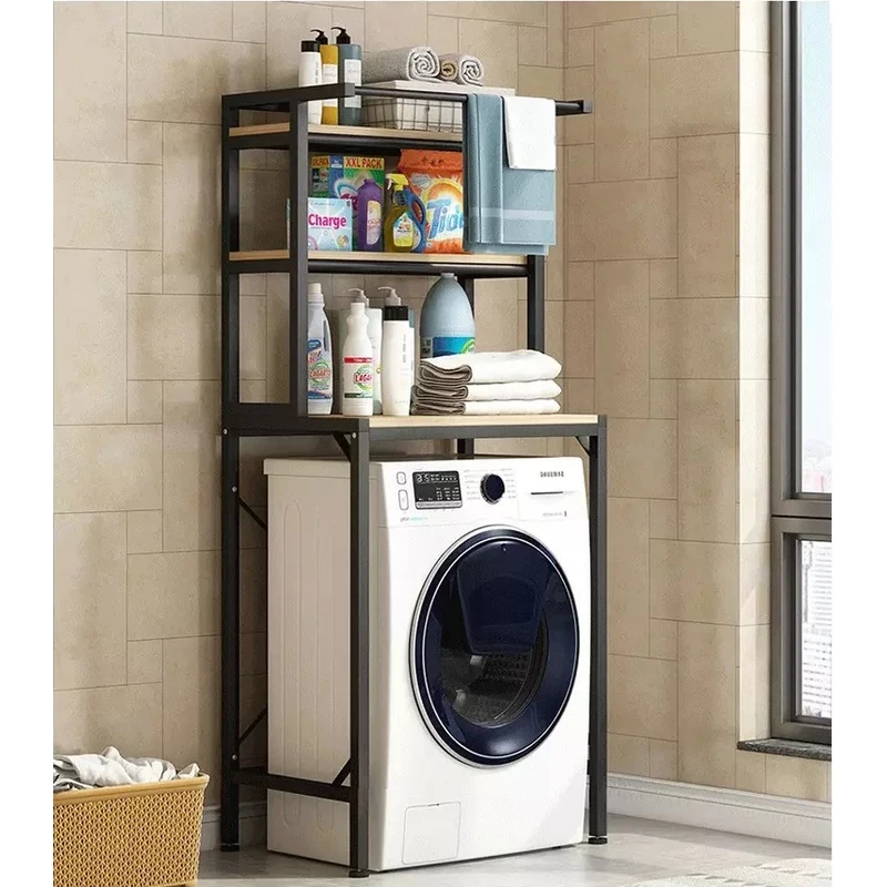 3 szintes masszív fém fürdőszobai polcrendszer mosógép fölé fa polcokkal, fekete – 175 cm