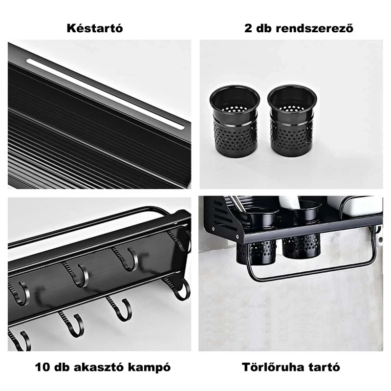 Falra szerelhető fém konyhai polc praktikus késtartóval, rendszerezővel, 10 db akasztóval (71 cm)