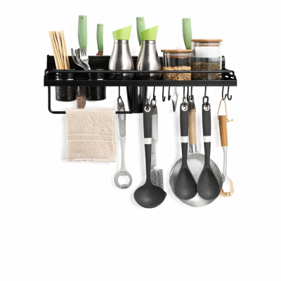 Falra szerelhető fém konyhai polc praktikus késtartóval, rendszerezővel, 10 db akasztóval (71 cm)