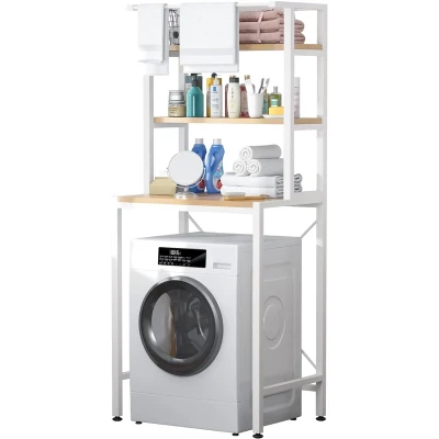 3 szintes masszív fém fürdőszobai polcrendszer mosógép fölé fa polcokkal, fehér – 175 cm