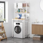 3 szintes masszív fém fürdőszobai polcrendszer mosógép fölé fa polcokkal, fehér – 175 cm