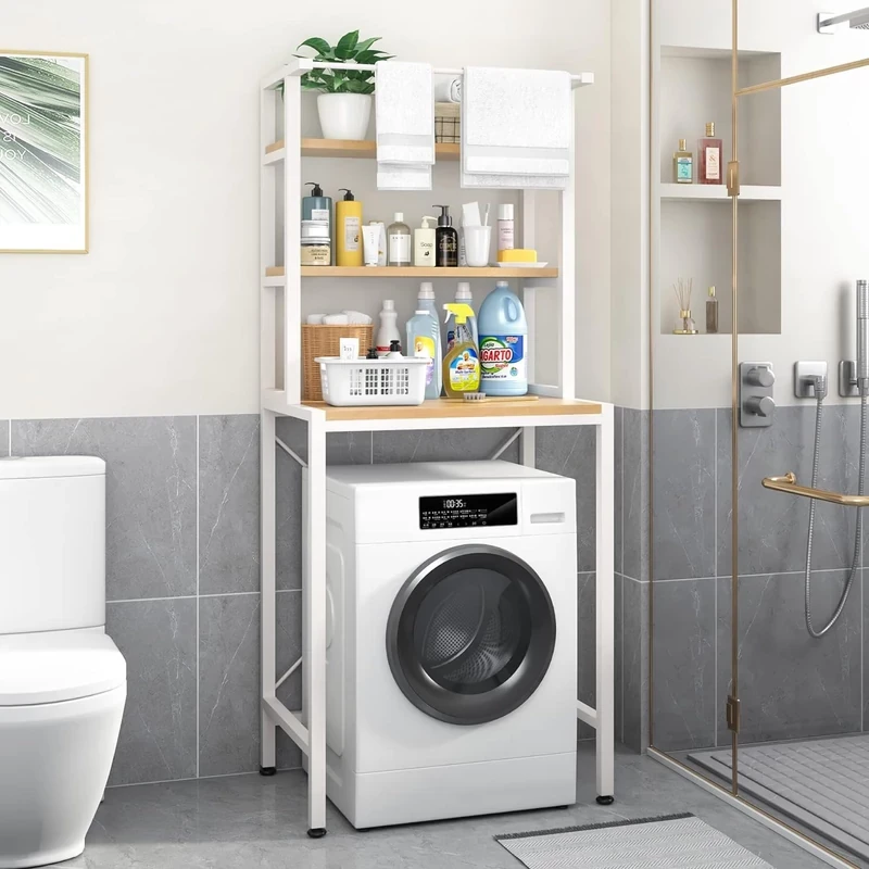 3 szintes masszív fém fürdőszobai polcrendszer mosógép fölé fa polcokkal, fehér – 175 cm