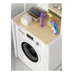 3 szintes masszív fém fürdőszobai polcrendszer mosógép fölé fa polcokkal, fehér – 175 cm