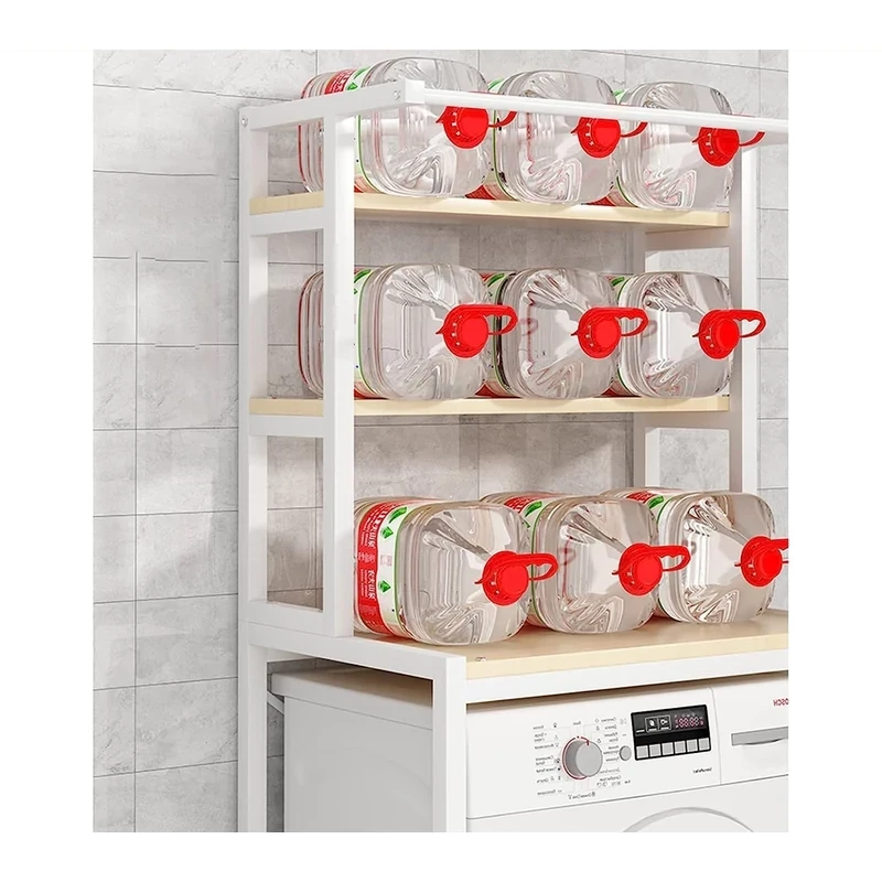 3 szintes masszív fém fürdőszobai polcrendszer mosógép fölé fa polcokkal, fehér – 175 cm