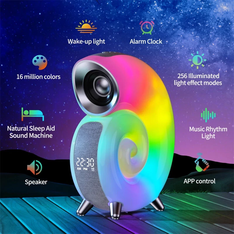 Kagyló RGB LED éjszakai lámpa Ébresztő lámpa Alvás világítás Okos atmoszféra lámpa Bluetooth órával Stereo BT hangszóróval - Csiga alakú