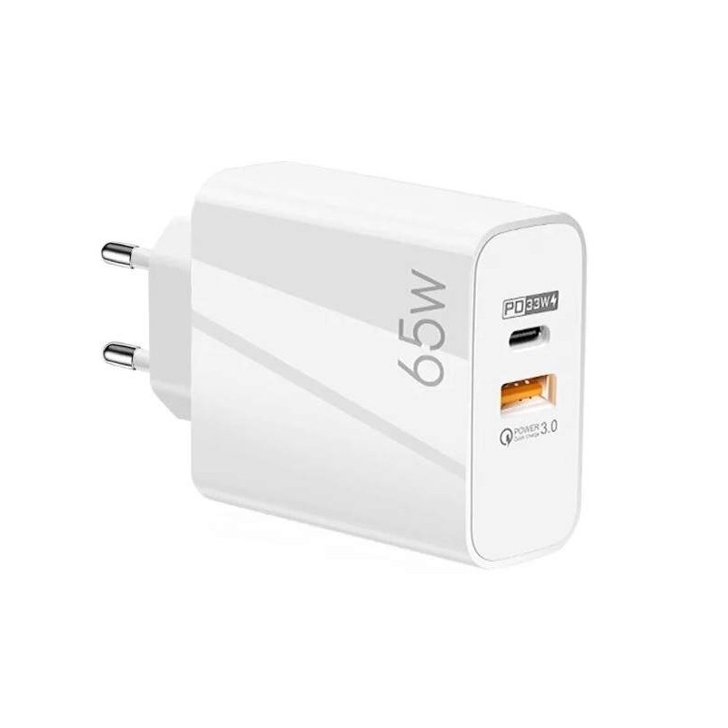 Hálózati Töltő 1XUSB + 1X Type-C Gyorstöltő 3.0, 65W, 6.6A Telefon Töltő fehér