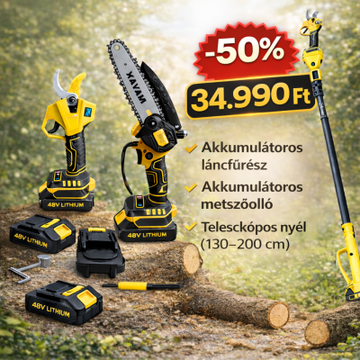 Hayami 3 az 1-ben akkumulátoros kerti szett - magassági ágvágó láncfűrész és metszőolló, teleszkópos nyél HA-1008-1