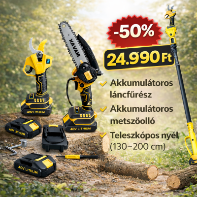 Hayami 3 az 1-ben akkumulátoros kerti szett - magassági ágvágó láncfűrész és metszőolló, teleszkópos nyél HA-1008-1