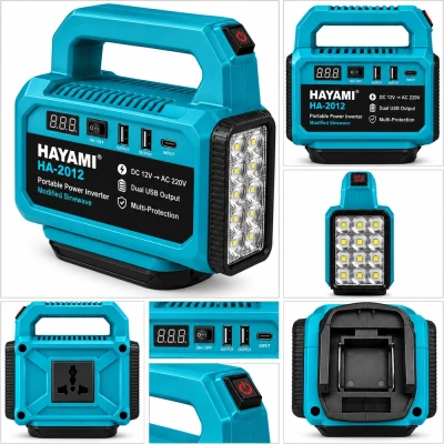 Hayami HA-2012 hordozható akkumulátoros inverter LED-lámpával – 500 W, 12 V, kék