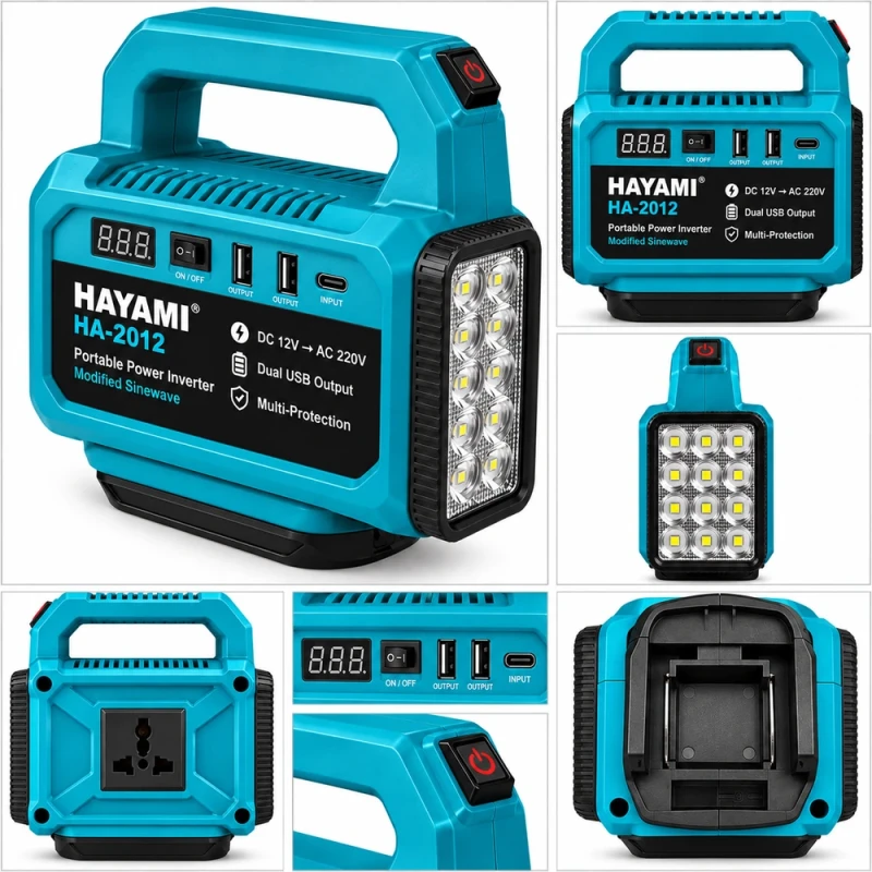 Hayami HA-2012 hordozható akkumulátoros inverter LED-lámpával – 500 W, 12 V, kék