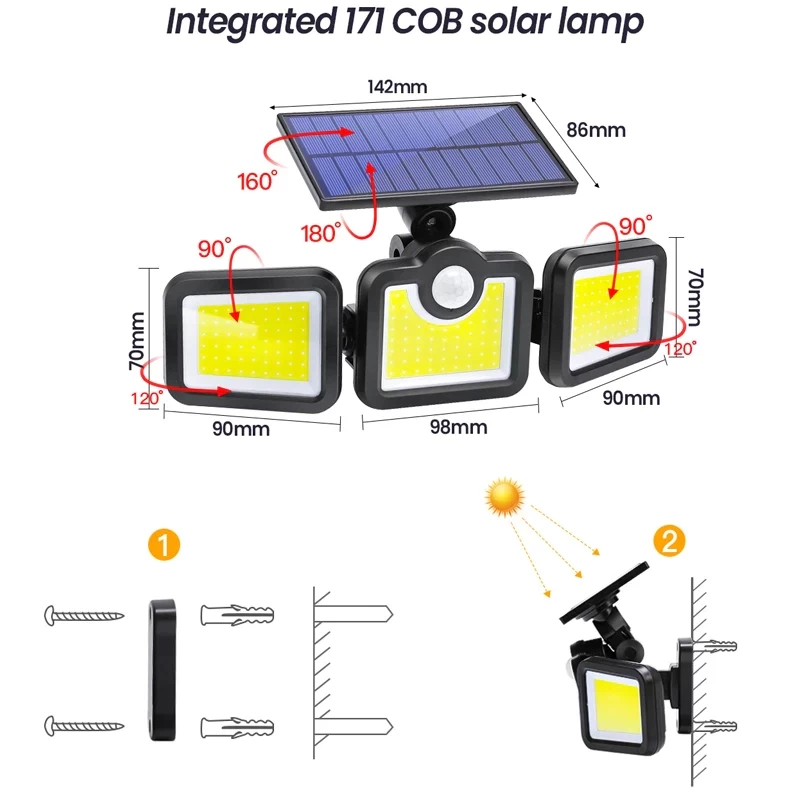 Biztonsági, 171 COB ledes napelemes fali lámpa, fény- és mozgásérzékelővel, távirányítóval JD-2959A