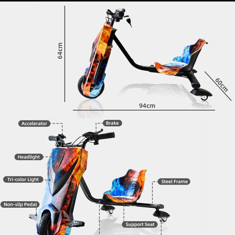 Driftelő Elektromos tricikli, 250 W motor, 15KM/H, 4400mA, többszínű KE24-304