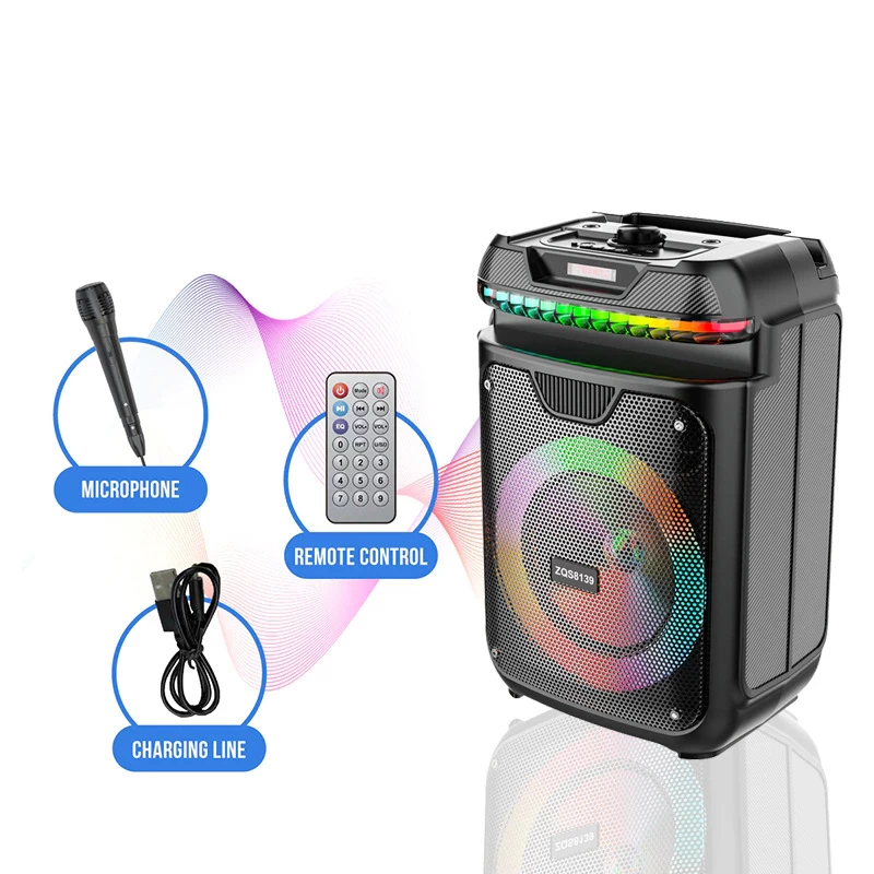 Hordozható hangszóró MP3, USB/TF, Bluetooth, FM rádió, Aux, LED kijelző, mikrofon, távirányító, LED hangszóró – ZQS-8139
