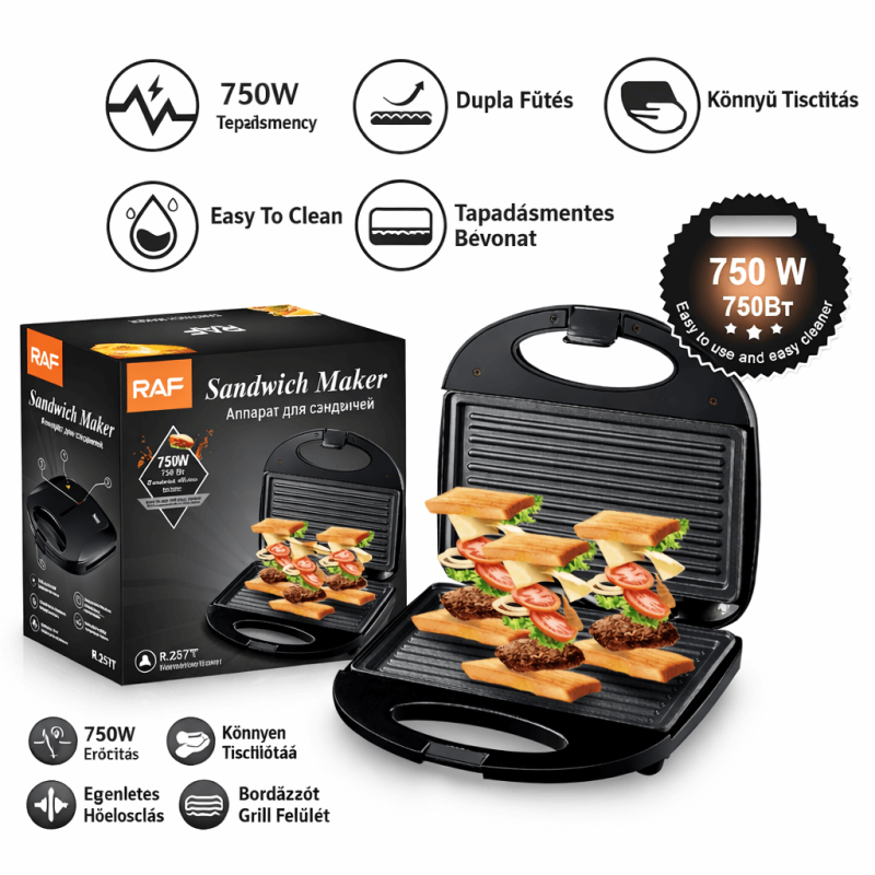 Tapadásmentes Szendvics- és Grillsütő 750W - RAF R.257T